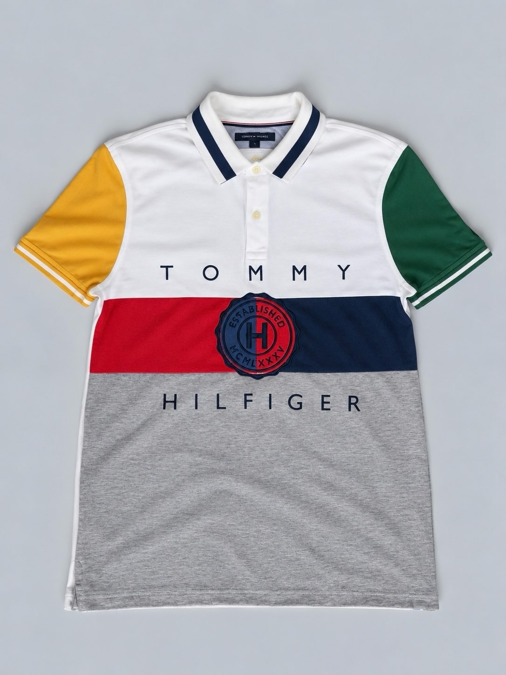 Tommy Hilfiger Mens White, Red, Navy, Gray, Yellow & Green Colorblock Polo